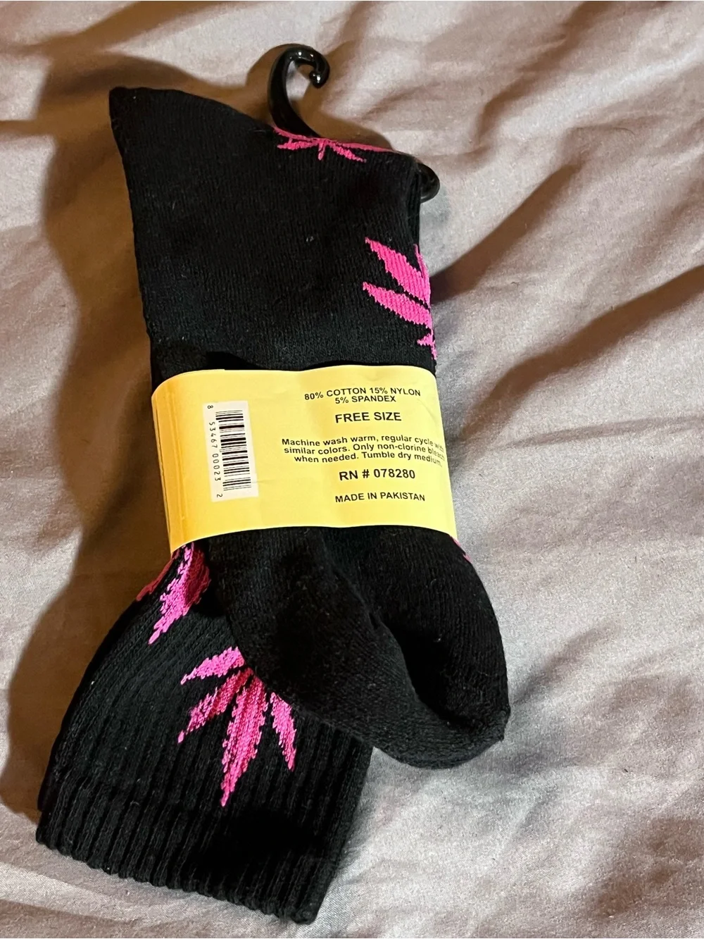 Black Crew Socks with Pink Leaf Motif